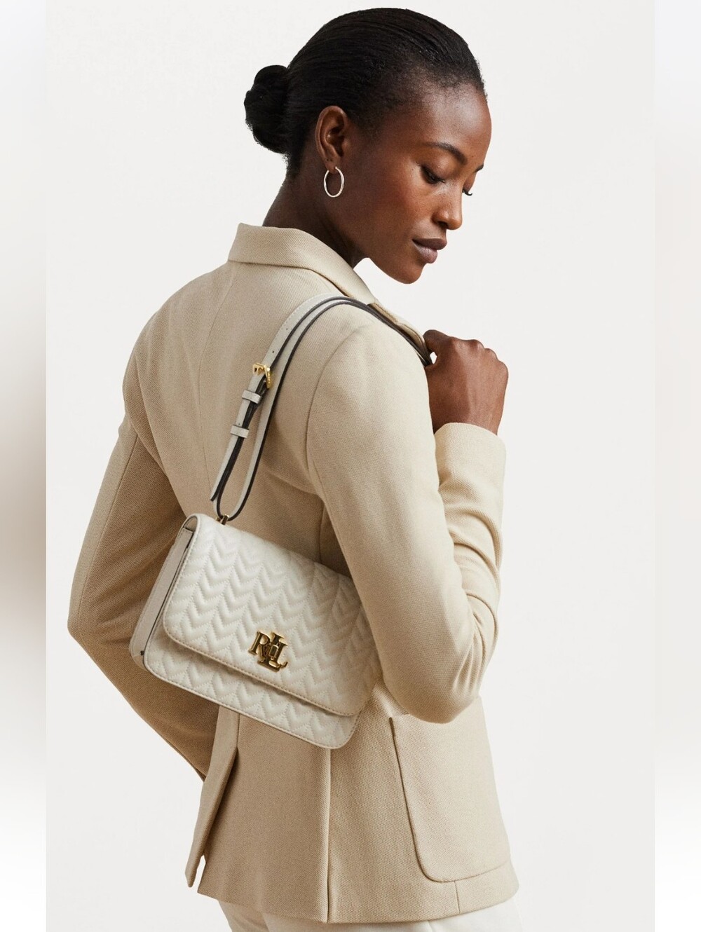 Ralph Lauren Quilted Cream Leather Shoulder Bag with Gold RLL Logo Sz Small